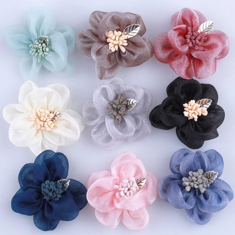 50PCS 4.5CM New Chic Silk Fabric Flowers For Women Hair Shiny Gauze Layered Flower With Stamen For Headband Accessories U Pick