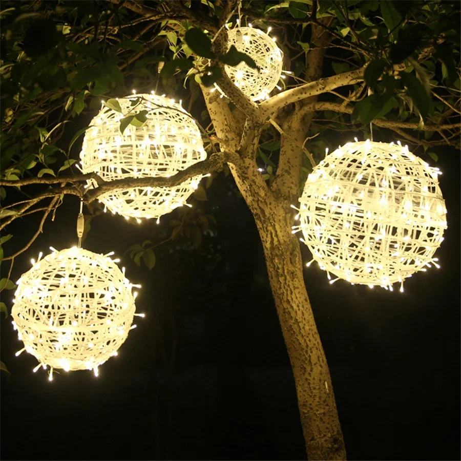 NO Plug Christmas LED Rattan Ball Garland Holiday Lights Outdoor Fairy String Lights for Party Garden Courtyard Home Decoration