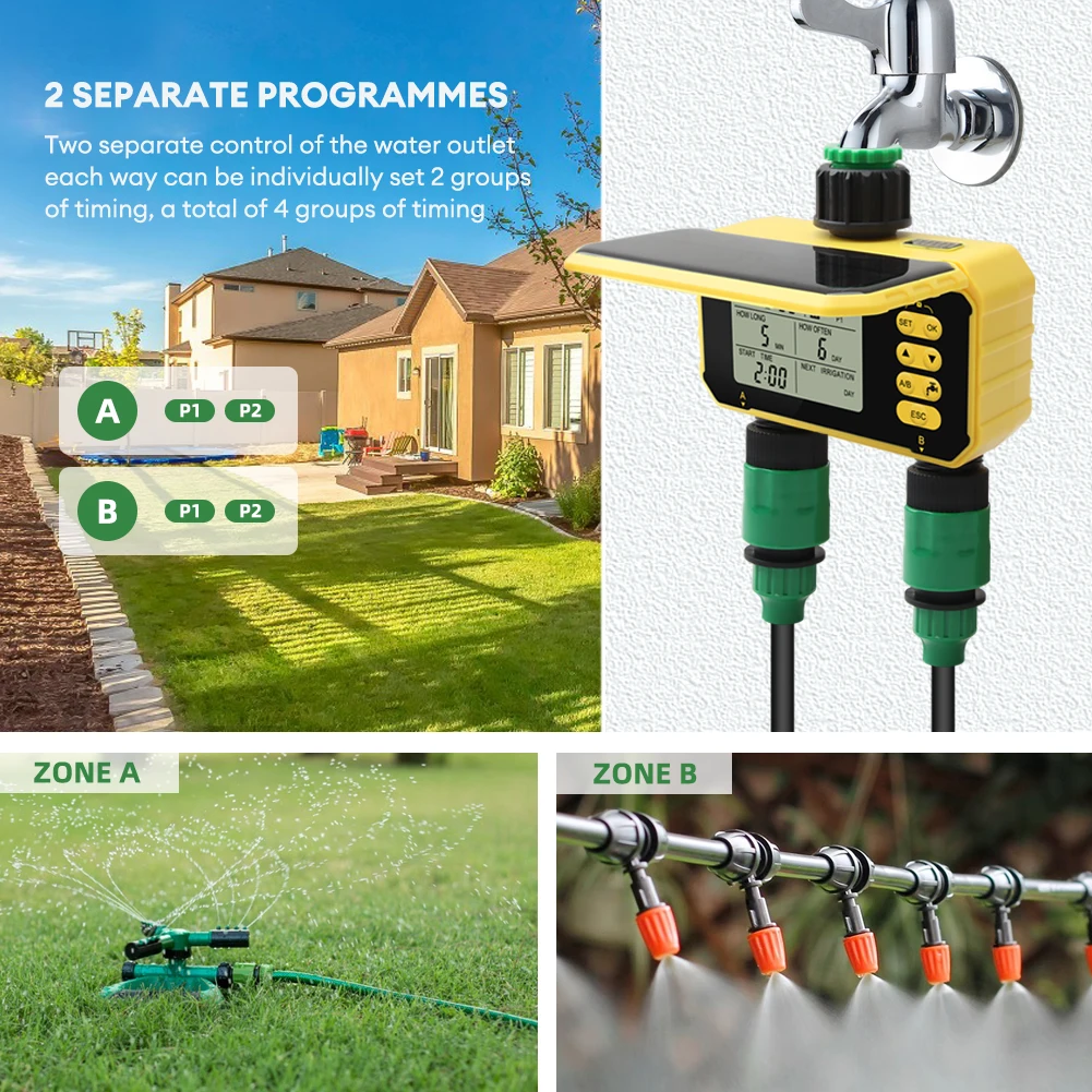 Solar Waterproof Digital Irrigation Water Timer Yard Garden Automatic Bi-Directional Water Valve Controller