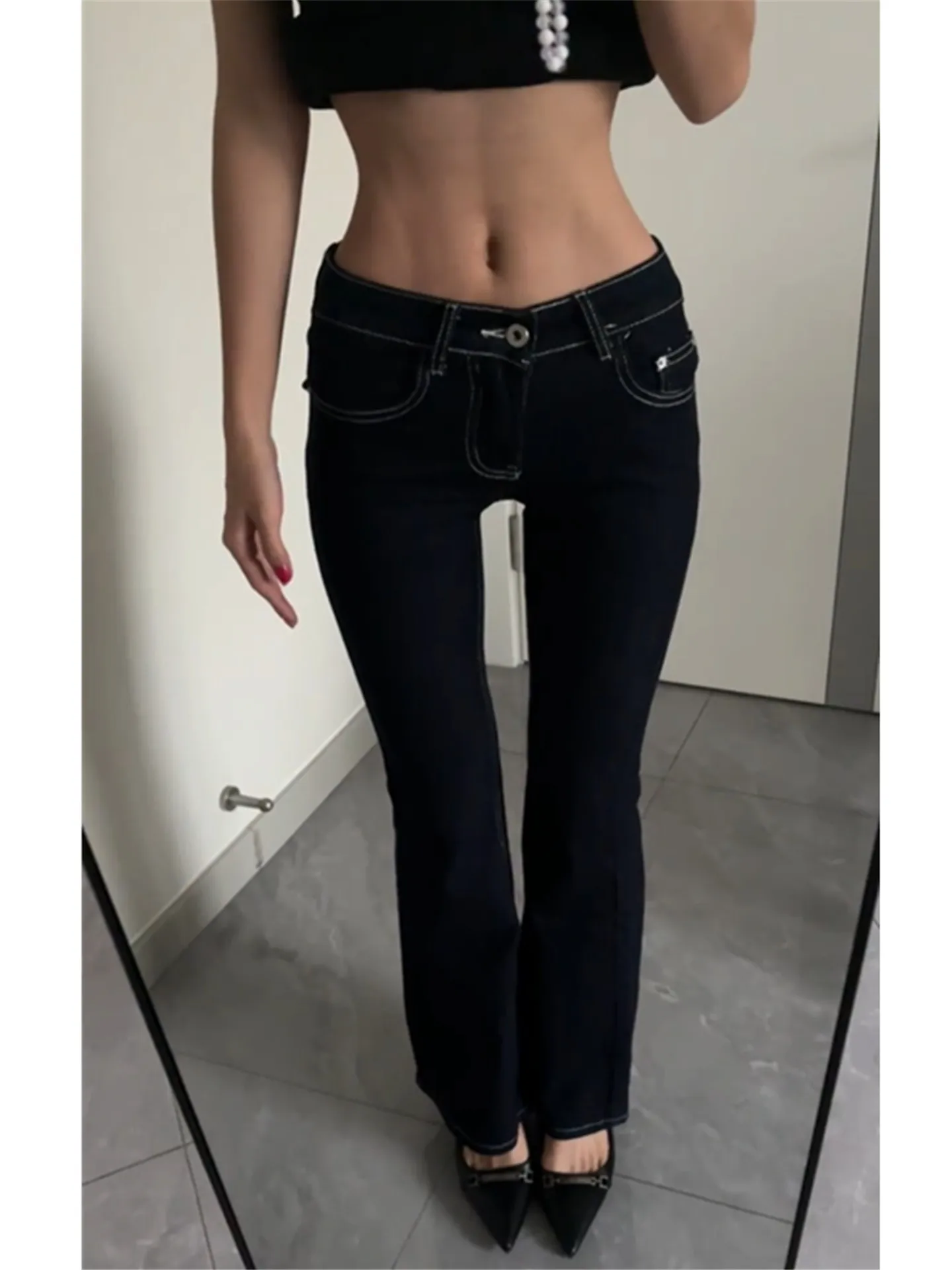 

Джинсы-клеш с низкой посадкой и удлиненной штаниной для высоких женщин, темно-синие, в стиле Spicy Girl, повседневные, из хлопкового денима