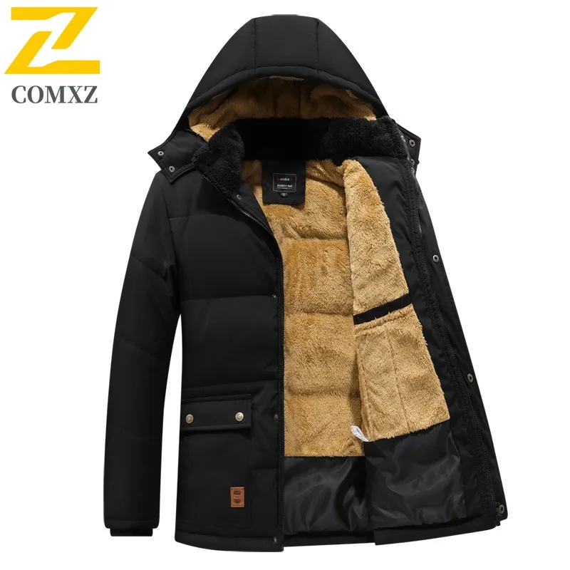 COMXZ Herren-Winterjacke mit Kapuze, hochwertige, lockere, verschneite, wattierte Jacke aus Baumwolle, Skifahren, warme, dicke, mittellange Steppjacke