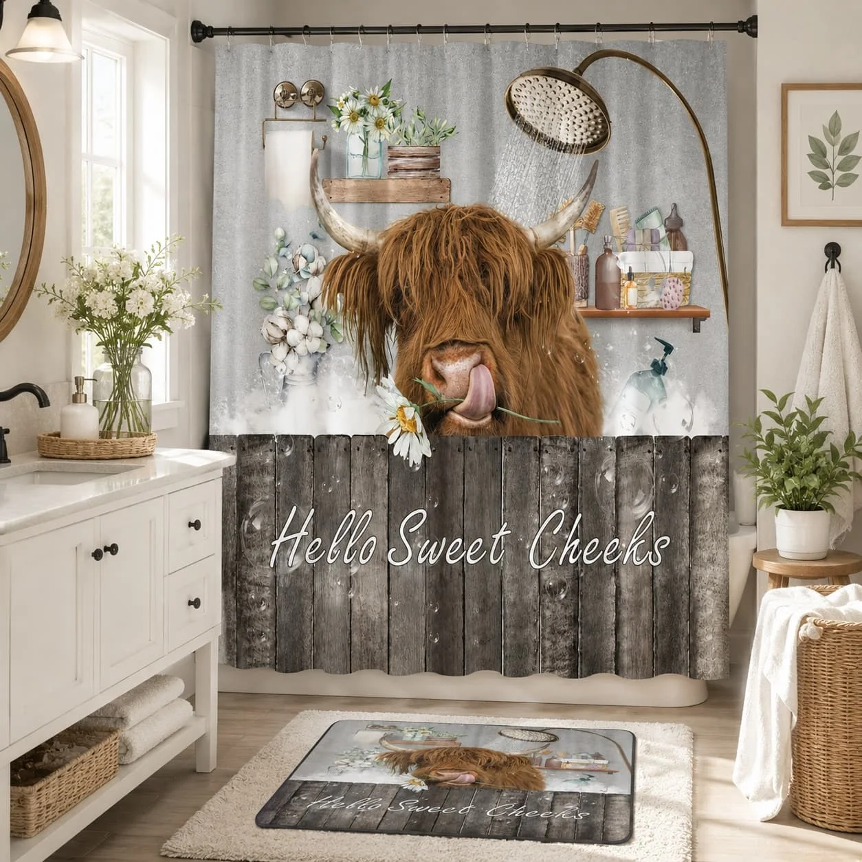 2D Flat, 2D Flat, 2D Flat Shower Curtain 1pc, Farmhouse Highland Cow Shower Curtain, Polyester Comfortable Fabric, Multi-Size Options, Bathroom Renovation, Creating Relaxing Healing Space, Creating Tranquil Healing Atmosphere