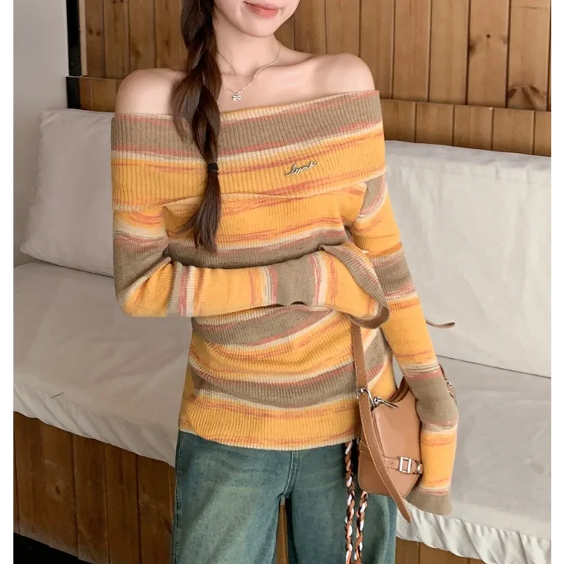 

One-word Collar Off-the-shoulder Striped Contrasting Knitted Sweater Women's 2025 Spice Girl Slim-fit Inner Bottoming Shirt Top