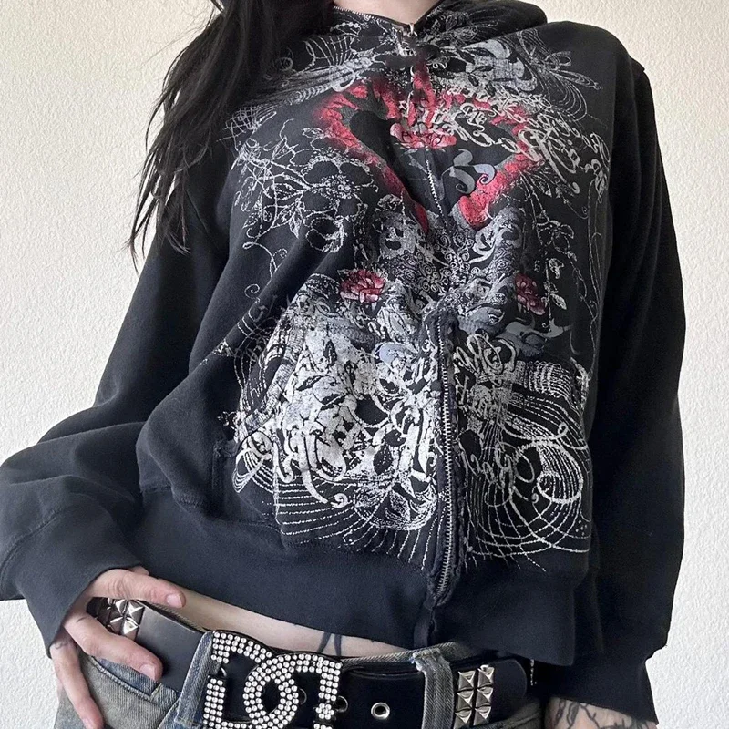 Y2K Gothic Heart Print Loose Jacket Autumn Vintage Clothes Japanese Style Emo Zip Up Sweatshirts Harajuku Cyber Grunge Hoodies