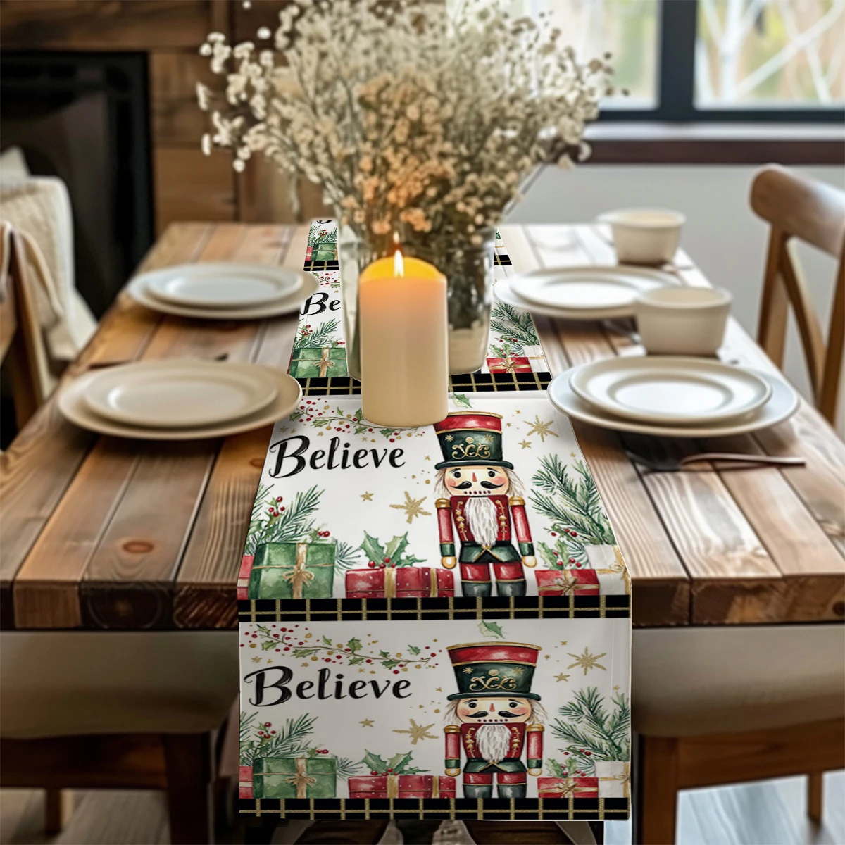 Christmas Nutcracker Christmas Gift Holly Table Runners Dresser Table Decor Reusable Kitchen Dining Table Runner Party Decor