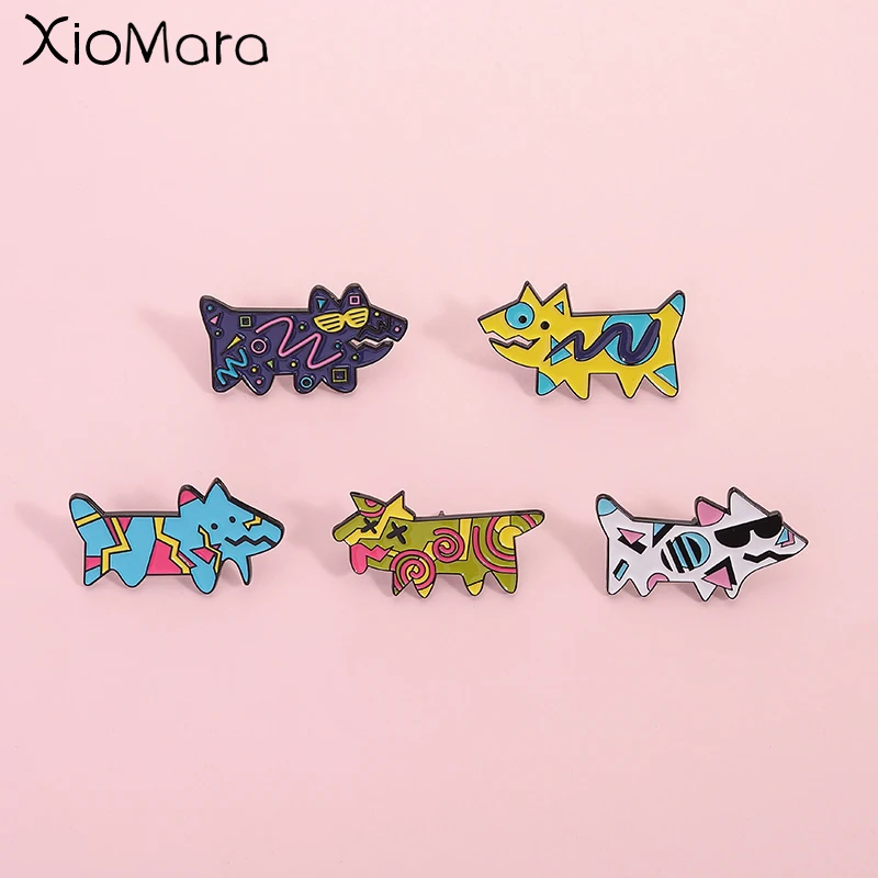 Geometrische Graffiti Cartoon Hund Emaille Pin Interessante abstrakte Tiere Brosche Revers Rucksack Abzeichen Schmuck Geschenk