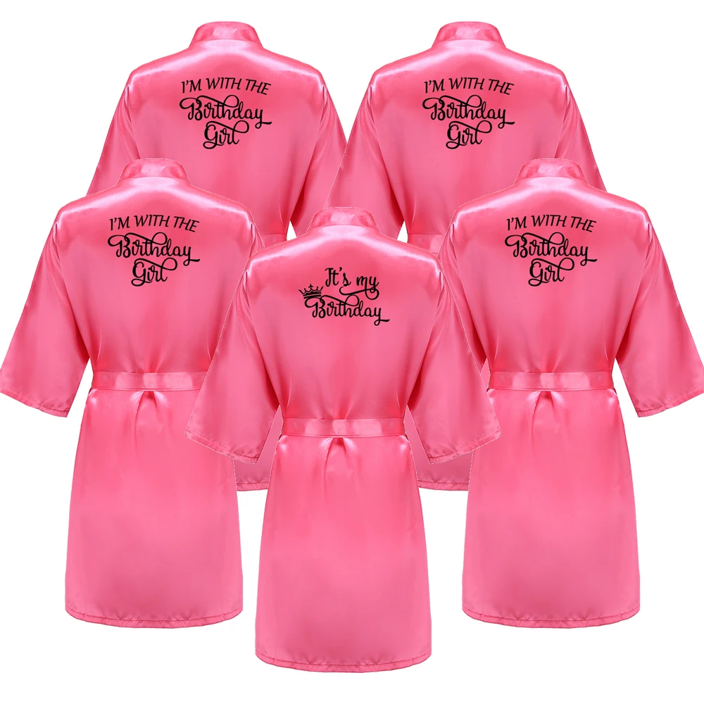 Birthday Party It\'s My Birthday I\'m With The Birthday Girl Satin Pajamas Robe Dressing Gown Pajamas Black Writing Kimono Robe