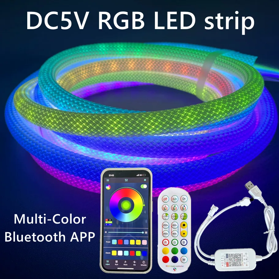 DC5V 360 Degree Smart RGB Flexible Silicon Light Tape IP67 APP Remote Control Round Reticulate Pattern Neon LED Strip 28Key Kit