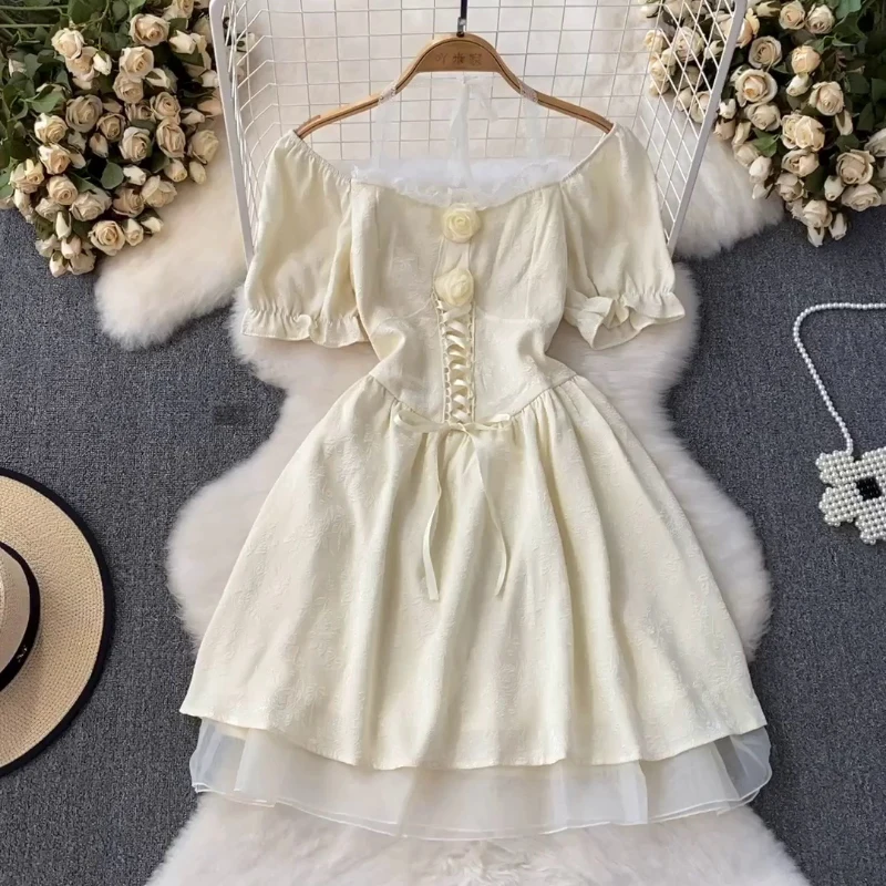 

Women's Dress French Style Square Collar Sweet Lace-Up Floral Solid Color A-Line Knee-Length Lace Puff Sleeve Tiered Dresses