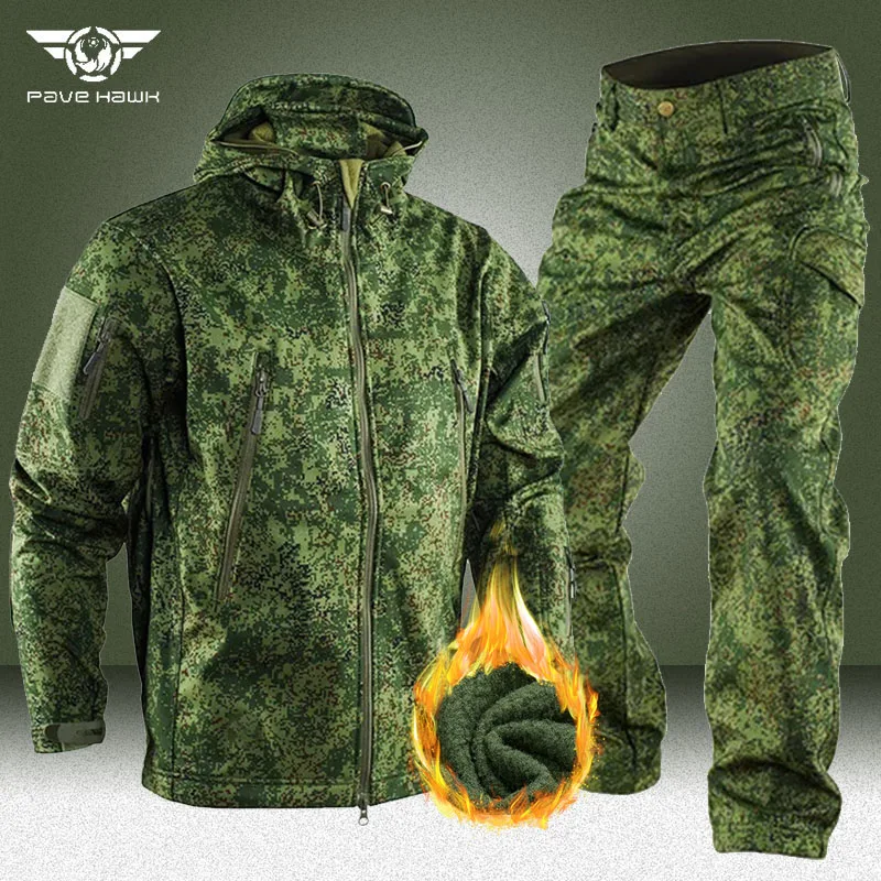 RU Camo Tactical Sets Men Winter Shark Skin Soft Shell Jackets+Army Multi-pocket Cargo Pants 2 Pcs Suits Waterproof Fleece Set