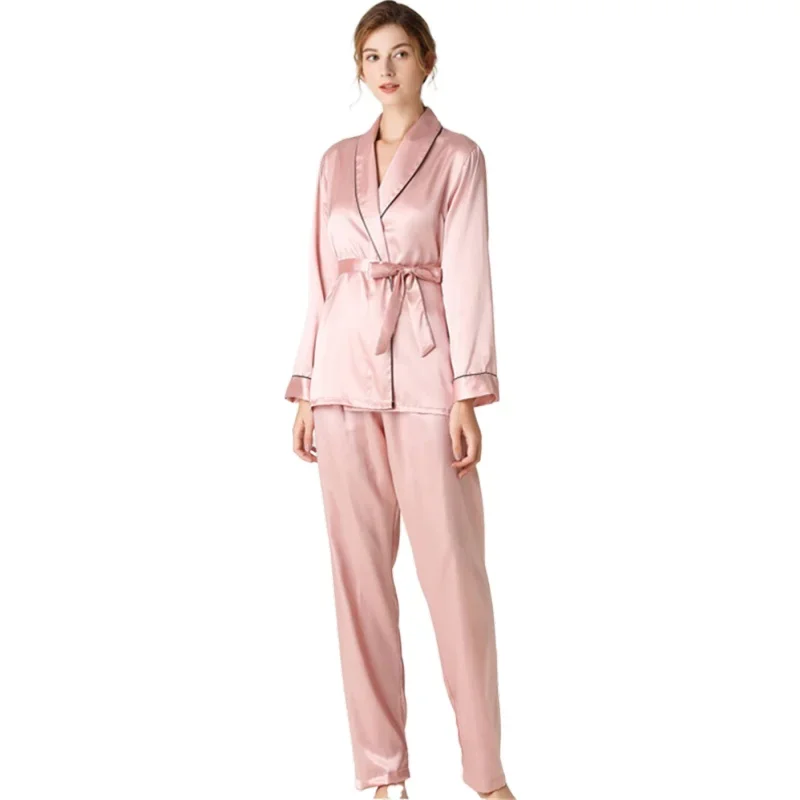 with Long Pants High-grade Womens Pajamas Set Solid Color Lace Two-piece Pjs Women Pajamas Set Women\'s Silk Long Sleeve Robes