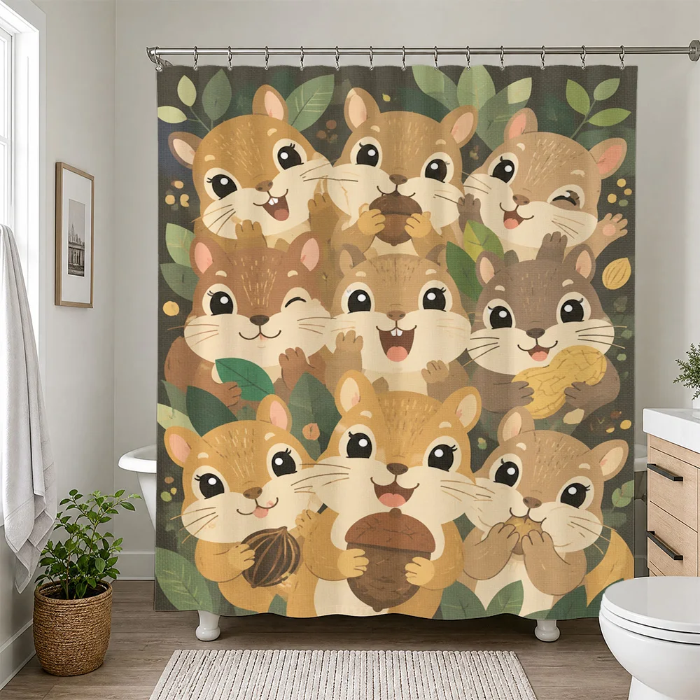 Cute Squirrel Family Shower Curtain Bathroom Decor Woodland Animal Print Fun Shower Curtain for Kids Bathrooms