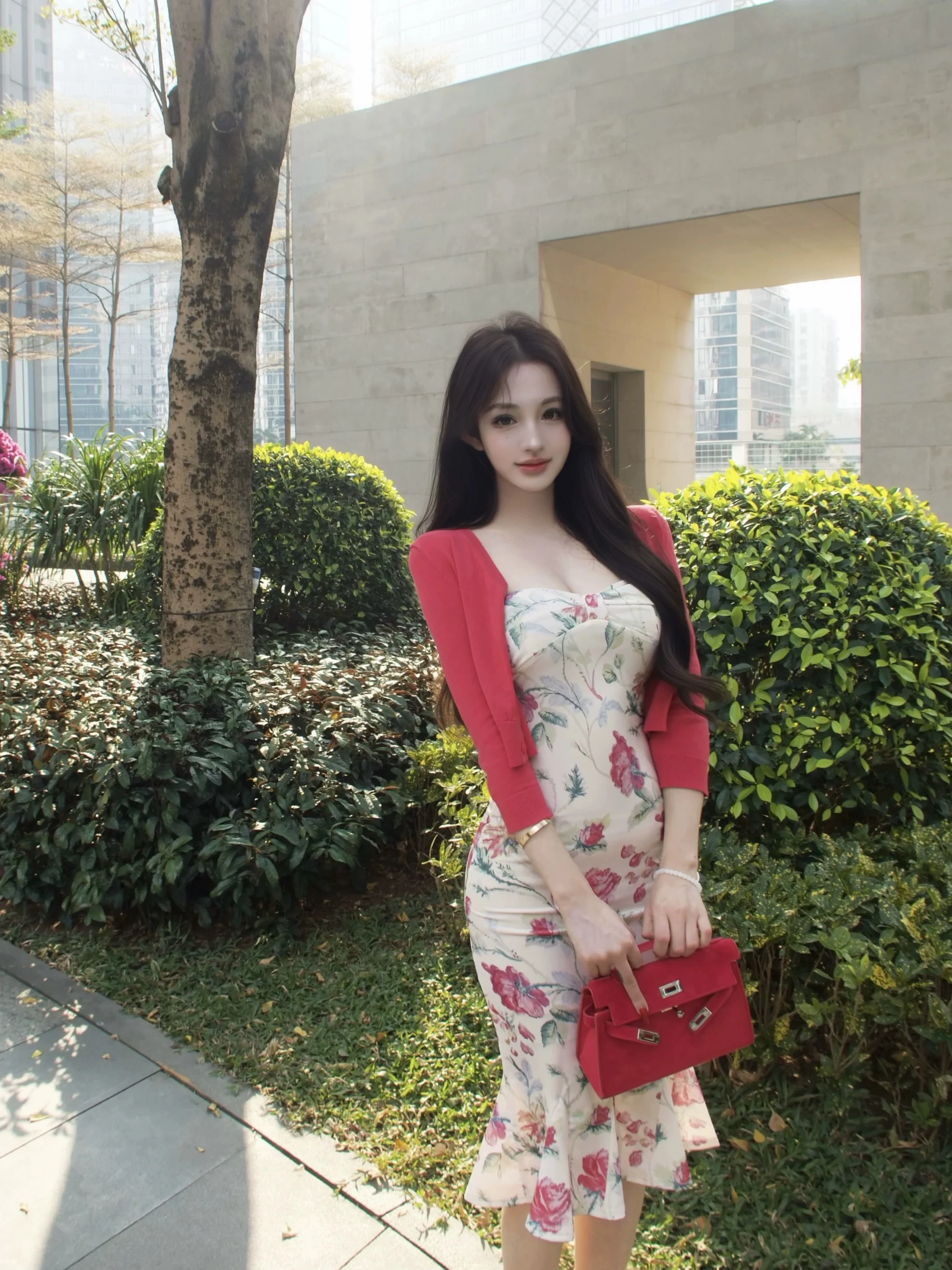 Summer Floral Print Halter Dress Women's Slim Fit Waist Cinched Fish Tail Skirt Soft Tummy Control Body Shaping Midi Dress