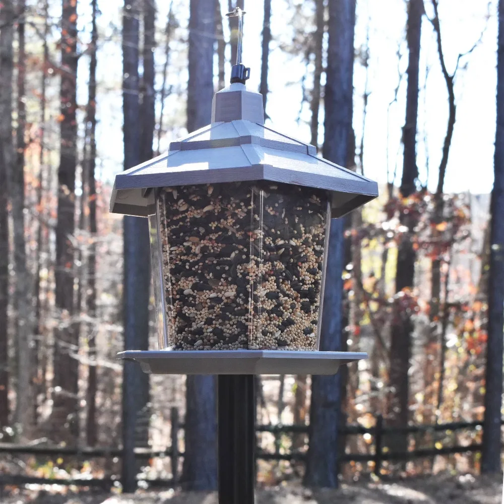 Automatic Gravity Bird Feeder for Outdoor Garden Hanging Wild Birds 2.5LB Capacity with Gray Plastic Hopper and Metal Perch