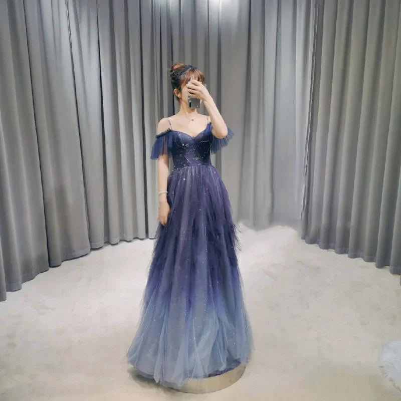 Customized Off-the-shoulder Hanging Prom Dress With Stars Moon Slash Neck Dress Engagement Dresses Gown Long Banquet Evening Dre