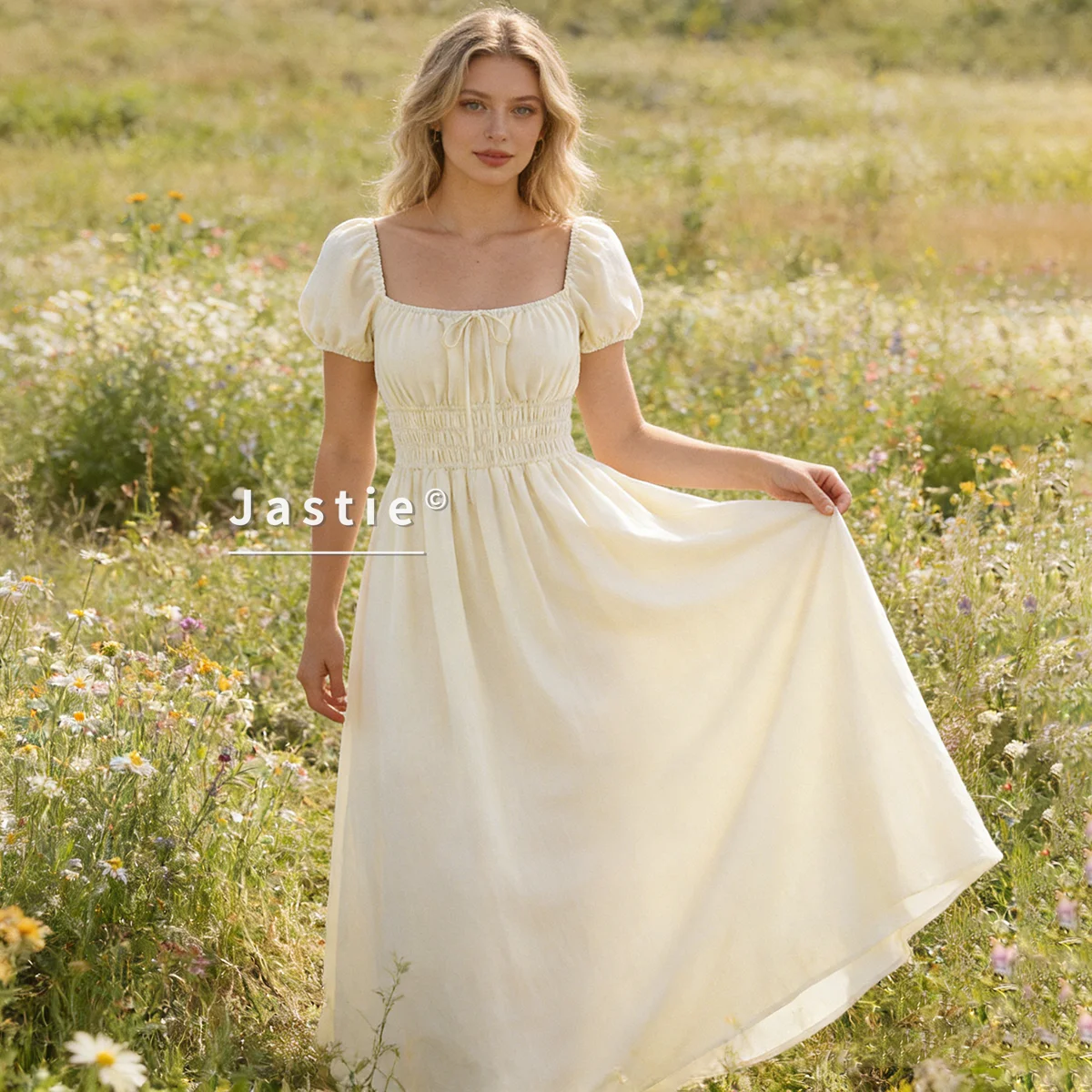 

French Vintage Puff Sleeve Midi Dress Women Summer Sexy Square Neck Shirred Waist A-Line Robe Cottagecore Boho Vestido 2026