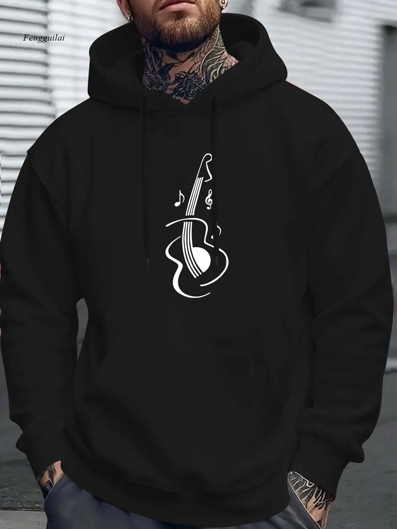 Geometric Music Note & Guitar Print Hooded Sweatshirt - Sporty Casual Long Sleeve Pullover for Winter