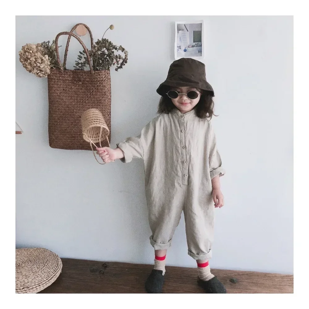 

new 2025 Spring Unisex Kids Overalls Cotton Linen Loose Trousers Korean Style Baby Boys Girls Jumpsuits Children Clothes