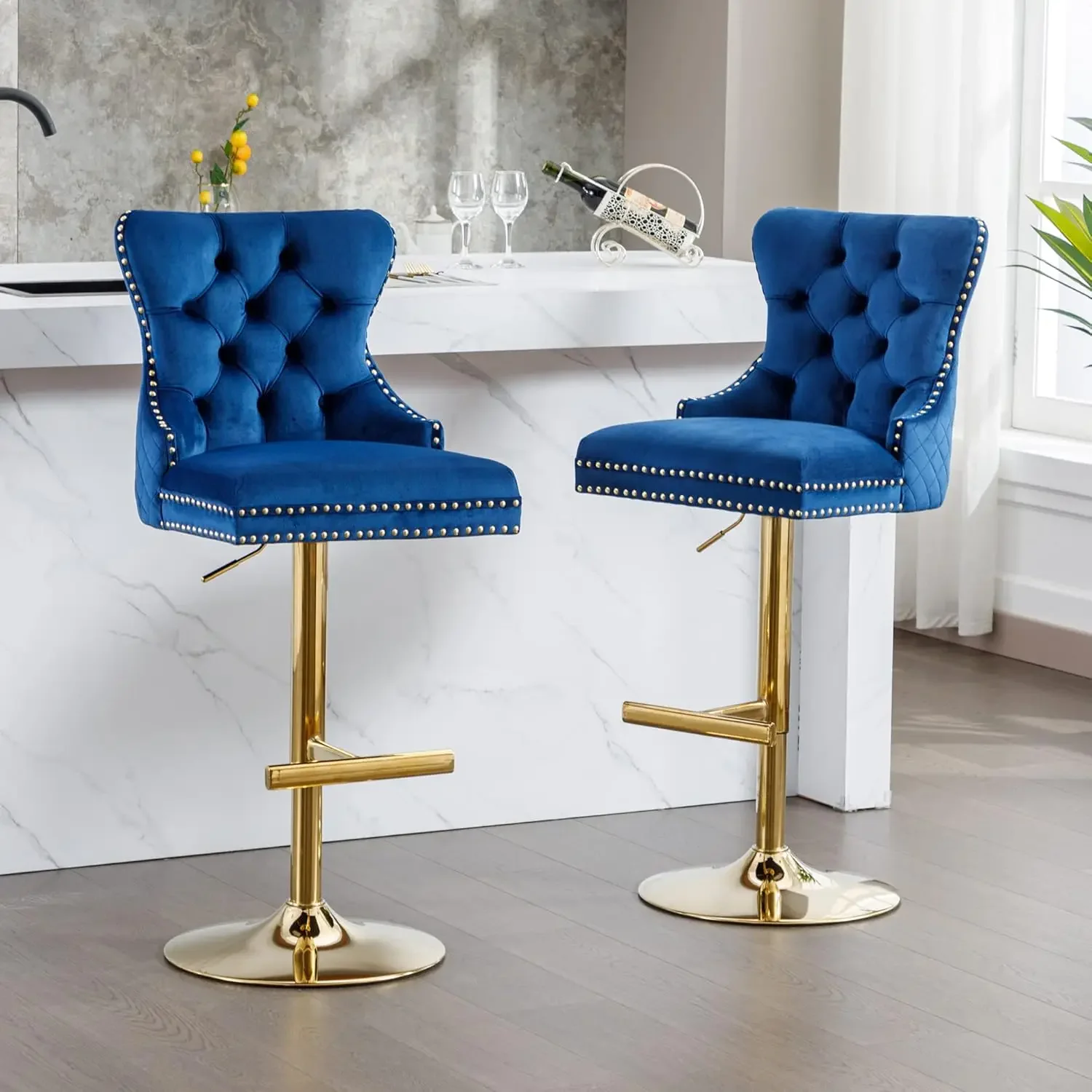 Bar Stools Set of 6, Velvet Tufted Barstools, Swivel Counter Chairs with Diamond Lattice Back, Height Adjustable Seat