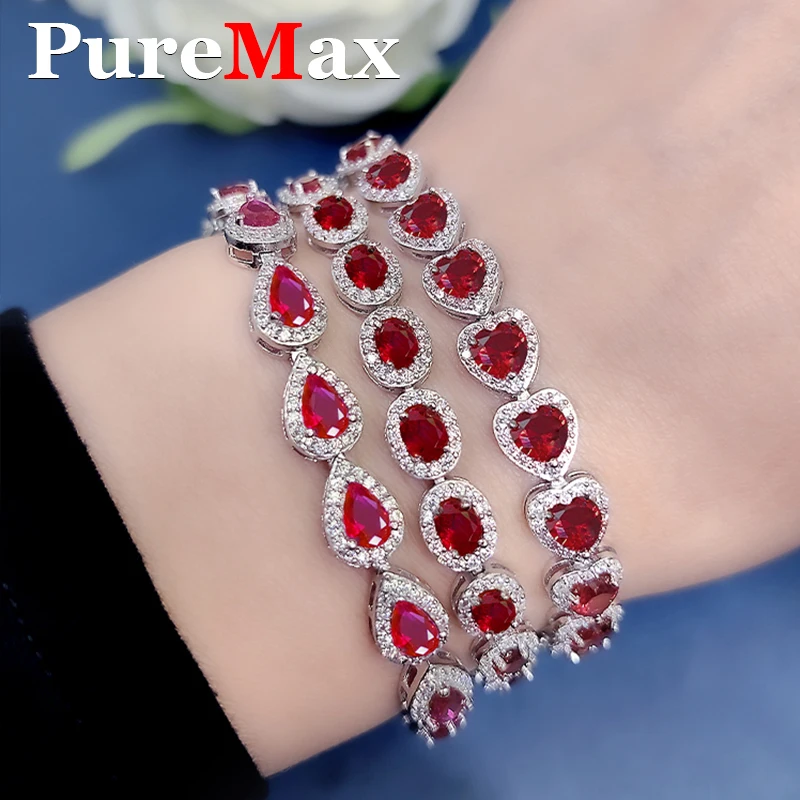 الفاخرة البيضاوي/القلب/الكمثرى مختبر الأحمر روبي سوار للنساء 925 فضة الماس والمجوهرات سوار الأحجار الكريمة للنساء #1