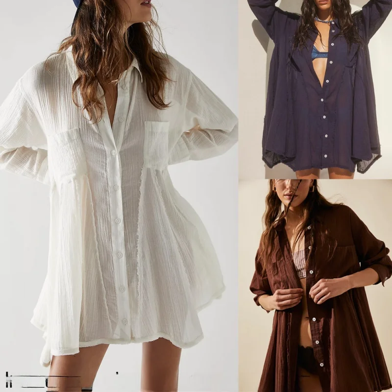 

Sun Protection Southeast Asian Style Lace Splicing T-shirt Women's Sexy Short Top Casual Cotton Long Sleeve Flip Collar