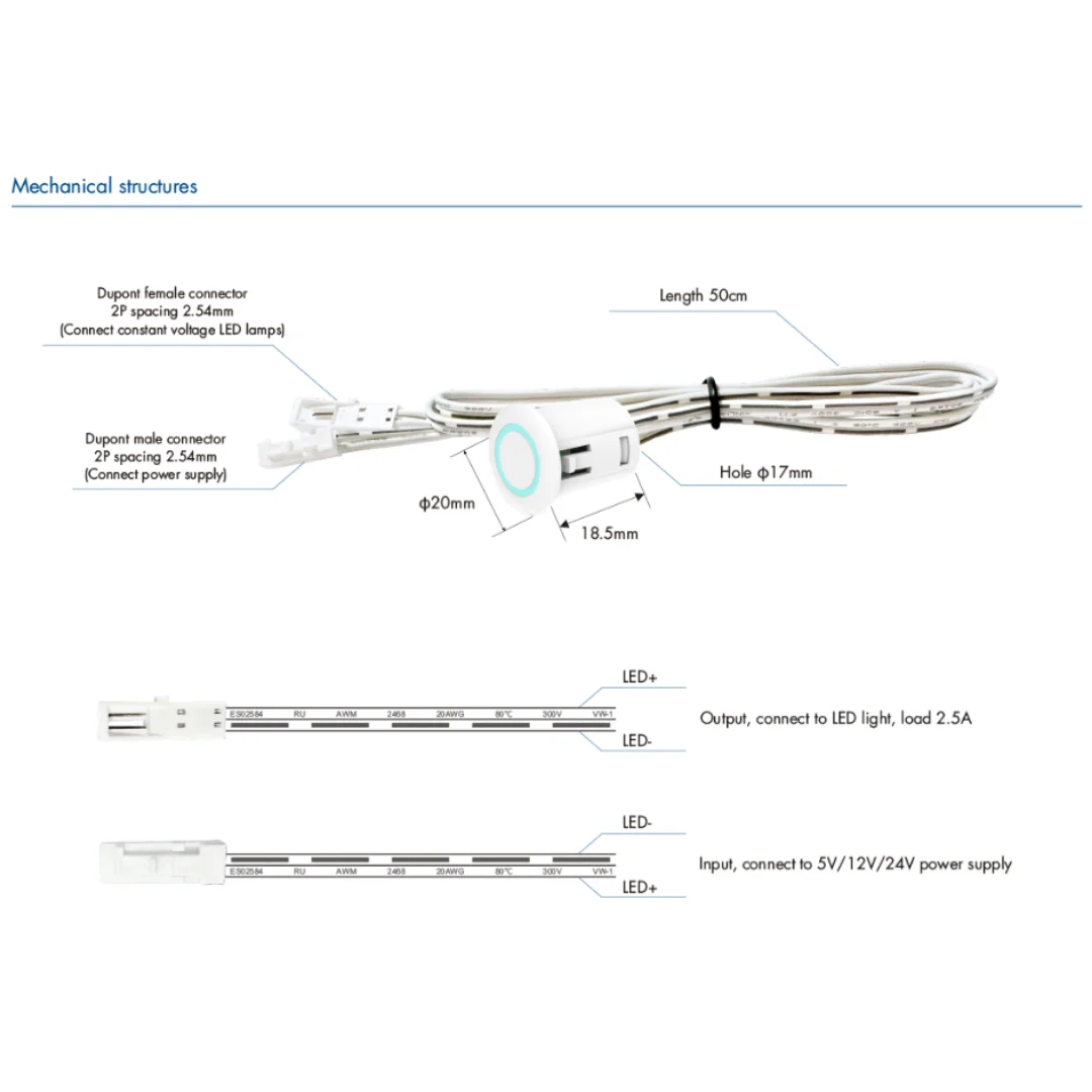 DC5V-24V 2.5A Dimmer Sensor Touch Sensing Switch EC-AV Controller Conceal Touch Sensing Switch for Single Color Led Strip Light