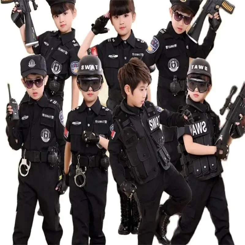 SWAT Children Halloween Policeman Cosplay Costumes Kids Carnival Police Uniform 110-160cm Boys Army Policemen Soldier 7 Pcs/Sets