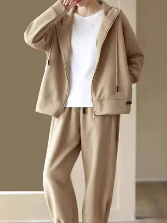 

Весенне-осенний однотонный повседневный свободный женский комплект с капюшоном, открытый кардиган, свитер и брюки, модная универсальная съемная этикетка