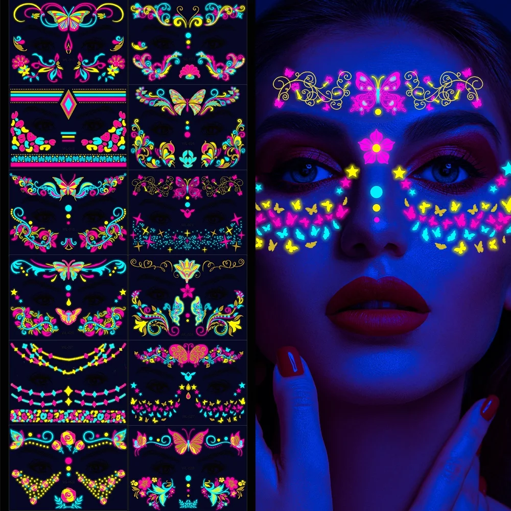 8-4PC Fluorescent Face Tattoo Sticker Butterfly Love Flower Lips False Tattoos UV Glow In The Dark Festival Masquerade Party Bod