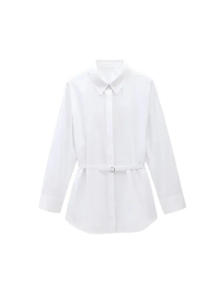 TRZA Women Fashion With Belt Loose Poplin Shirts Long Sleeve Front Hidden Buttons Female Blouses Chic Tops