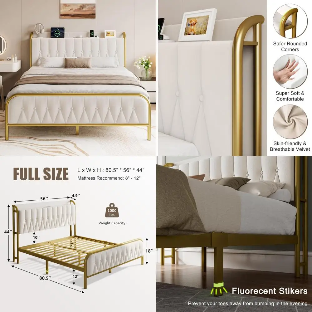Upholstered Velvet Platform Bed Frame with Charging Station and Storage Headboard, Footboard, and 12 Underbed Storage Spaces
