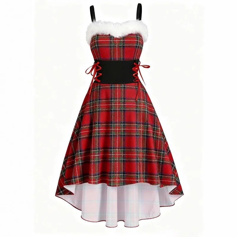 Navidad 2026 nueva atmósfera elegante camisola vestido de fiesta chica conejito cuello de piel fuera del hombro arco camisola vestido Sexy