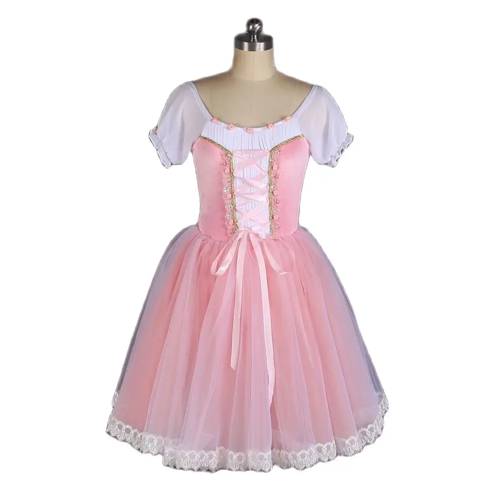 

B20019 Puff Sleeves Pale Pink Ballet Dance Tutu Stretch Velvet Bodice with Romantic Length Tutu Skirt Ballerina Dress Costume