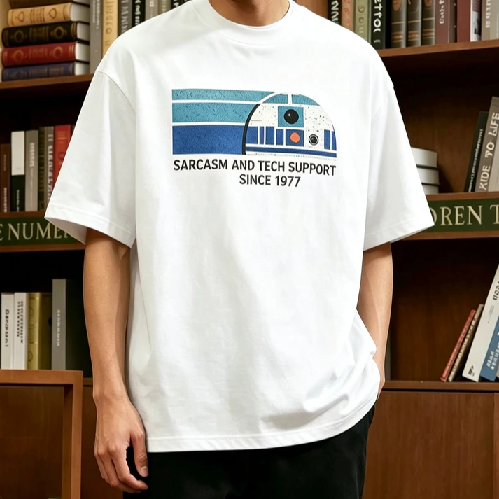 Vintage R2D2 T Shirt Men Sarcasm and Tech Support Since 1977 Graphic Tee Retro Sci Fi Movie Fans Short Sleeve Black Tee Y2k Top