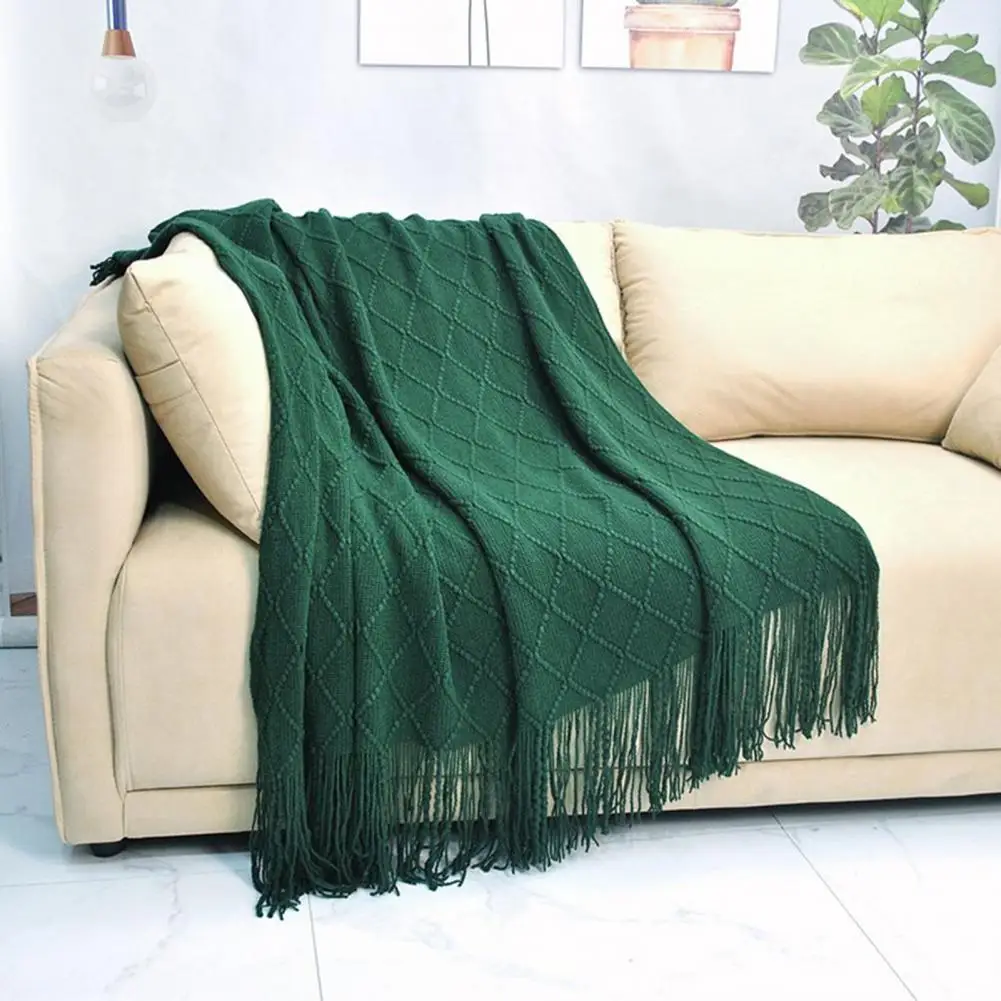 Knitted Blanket with Tassels Lightweight Stretchy Woven Blanket for All Season Machine Washable Throw Blanket for Couch Bed Sofa