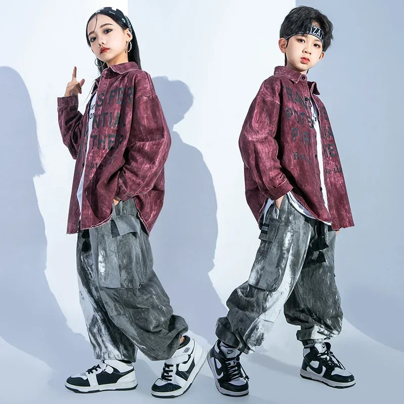 Blouse Boys Street Dance Cargo Joggers Jazz Clothes Sets Kids Streetwear Hip Hop Girls Black Graffiti Shirt Denim Pants