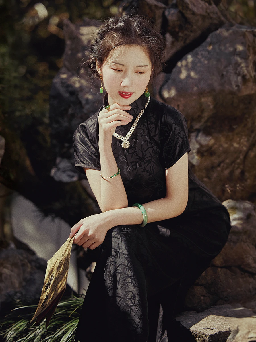 

Весенне-летнее длинное ципао с бамбуковым узором, винтажное, с коротким рукавом, с низким разрезом, для повседневной носки, из полиэстера и вискозы