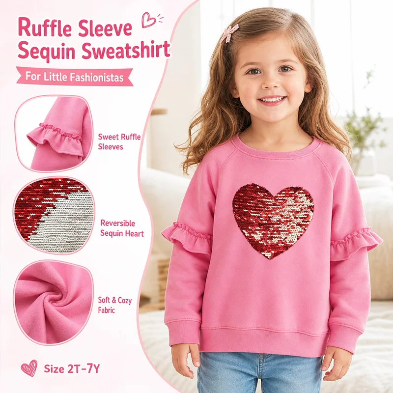 Little Hand Girls Long‑Sleeve Sweatshirt Reversible Sequin Heart Decor Pullover Tops Ruffle Sleeve Crew‑Neck Casual Outfit 2-7T
