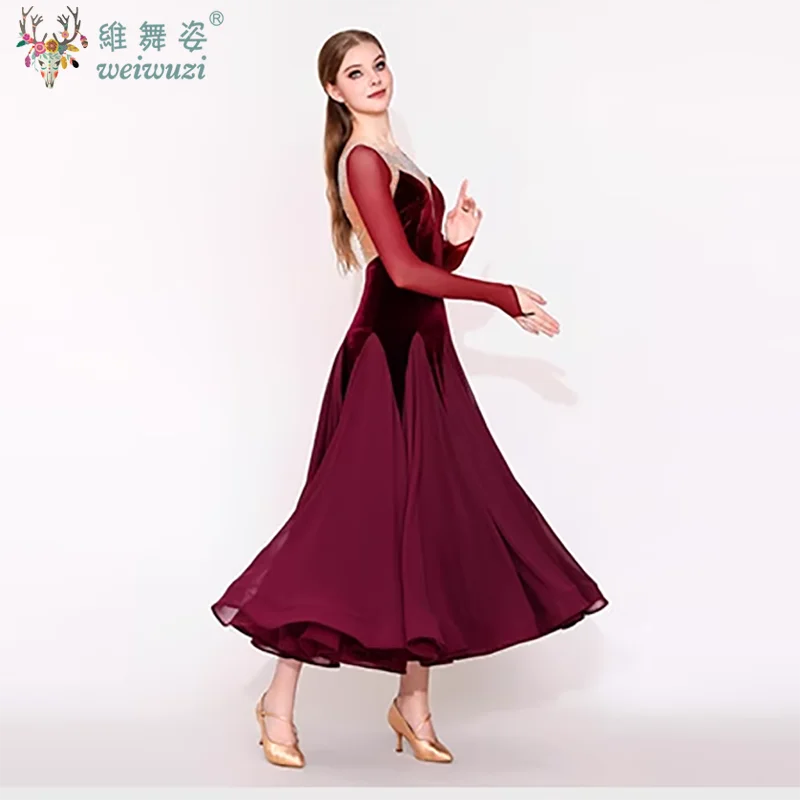 فستان رقص نسائي لقاعة الرقص مخملي بأكمام طويلة وأحجار الراين اللامعة فساتين رقص حديثة لمرحلة الفالس التانغو #5