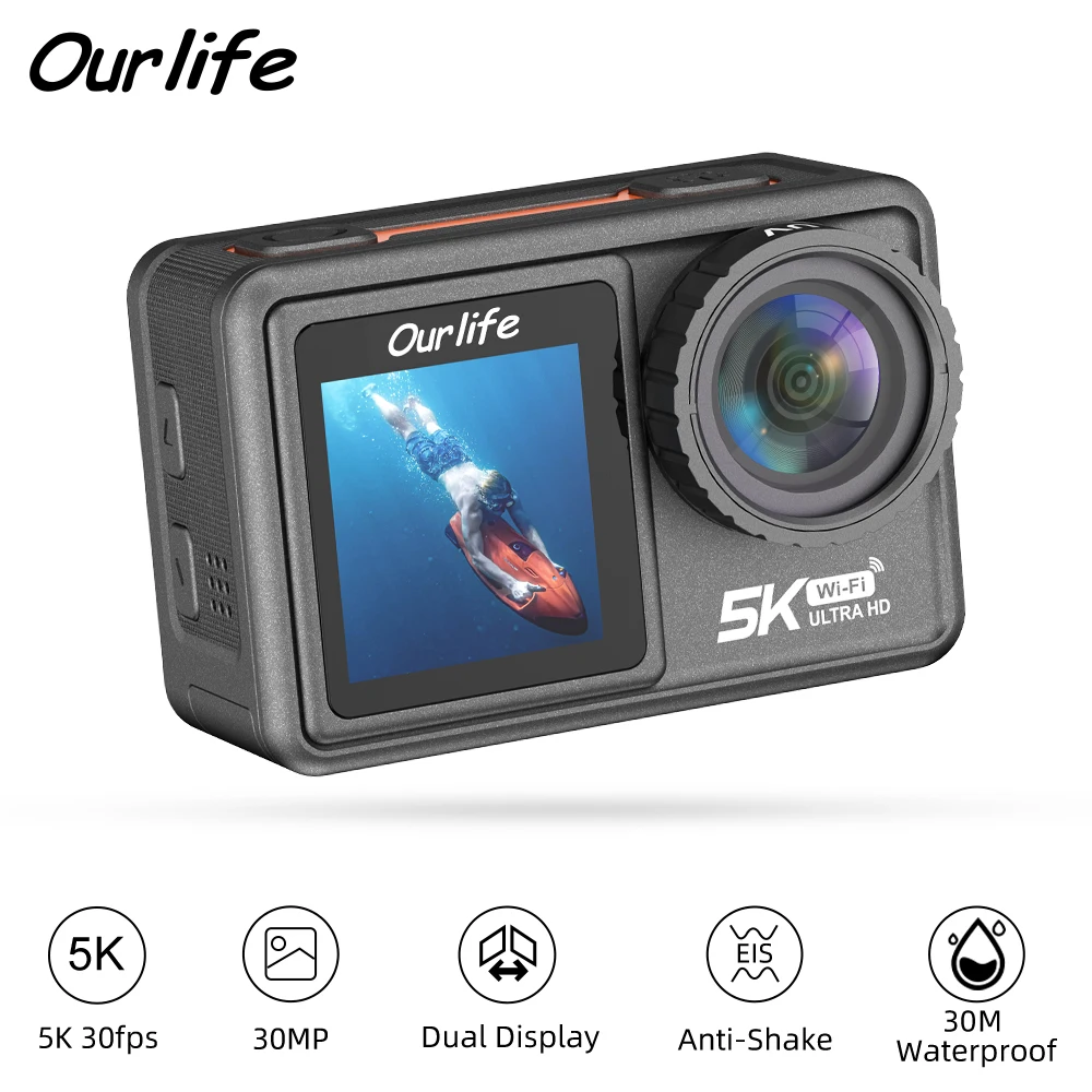 Kamera Aksi Ourlife 5K30FPS EIS 2.0 Inci IPS Layar Ganda 30M Tahan Air WiFi 5X Zoom Helm Kamera Olahraga dengan Remote Control