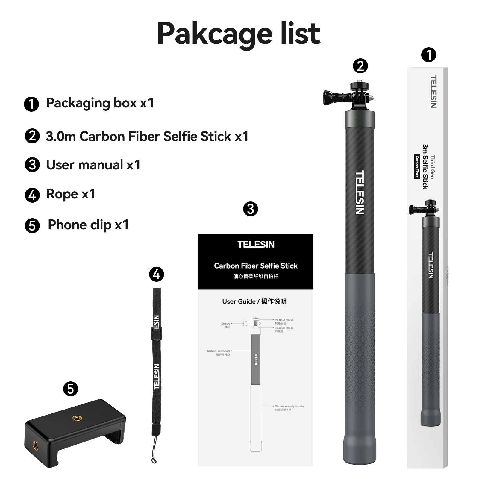 TELESIN 1.2M 3M Koolstofvezel Selfie Stick Monopod Uitschuifbaar Met 1/4 Schroef Voor GoPro Insta360 Osmo Action DJI actie Camera