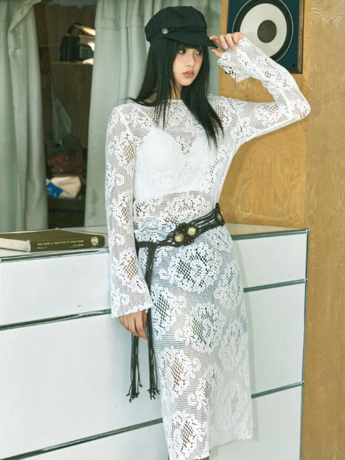 

Yann M Original Design Lace Cotton Feel Straight Hollow out Long Sve Dr Slimming Split A-Line Knitted Long Dr