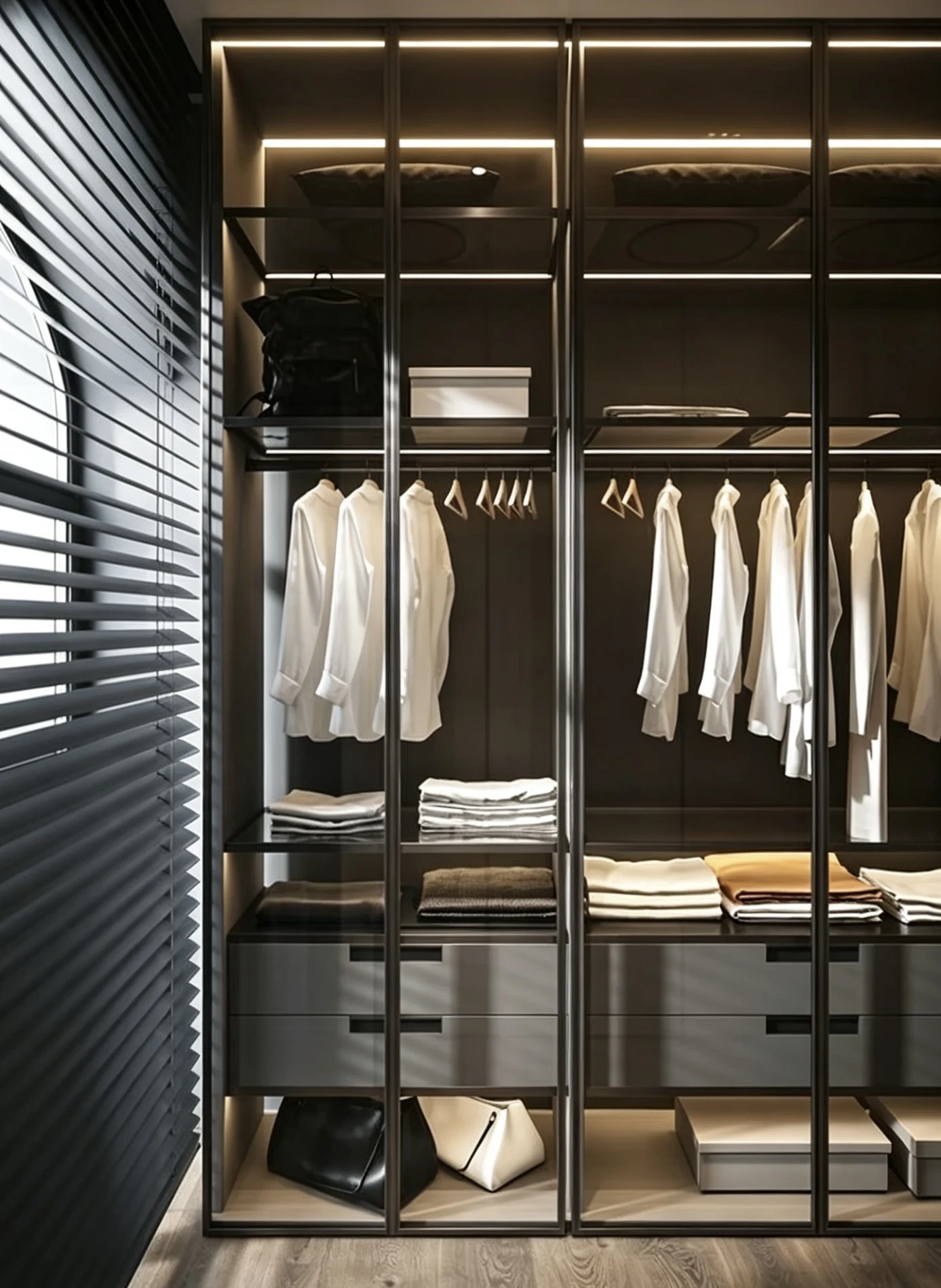 Modern Open Walk In Closet System Custom Metal Frame Wardrobe With LED Light Multi Storage Drawers & Hanging Zone
