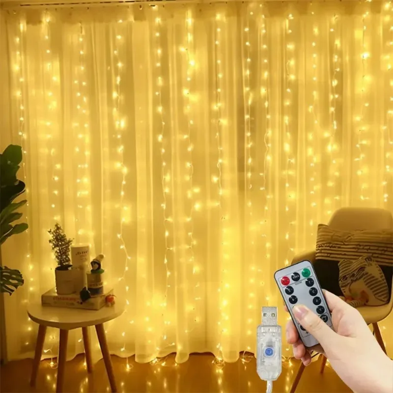 USB Plug-in Curtain LED String Lights 8 Modes Remote EID Mubarak Bedroom Wedding Muslim Ramadan Home Decoration