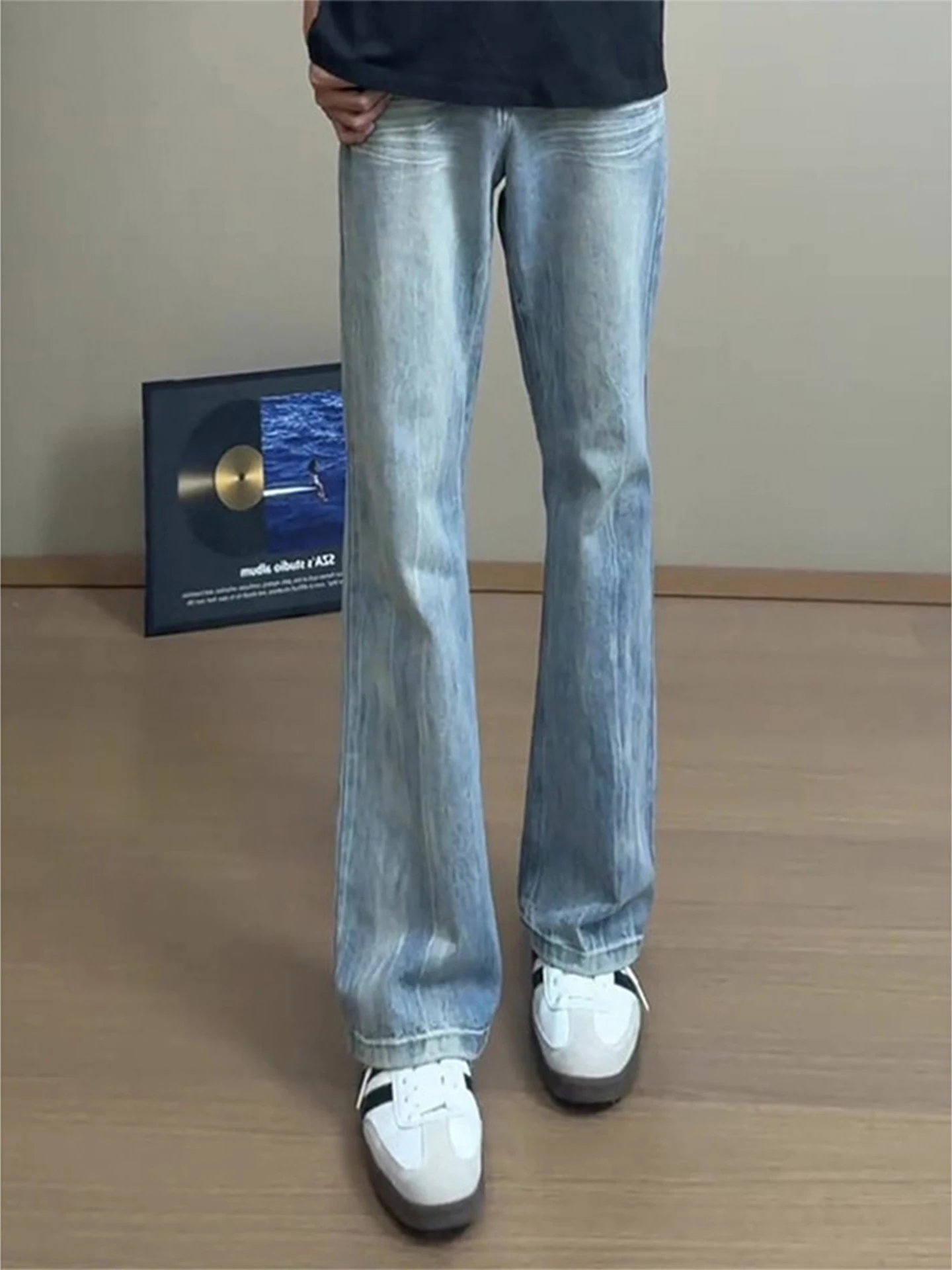 

Blue Lightning Pattern Flared Jeans Men's CleanFit American HighStreet Straight Leg Slimming Lift Knife Pants Casual Denim