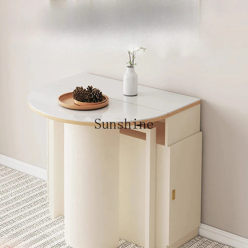 

Retractable rock slab household small apartment solid wood cream style dining table and chair combination