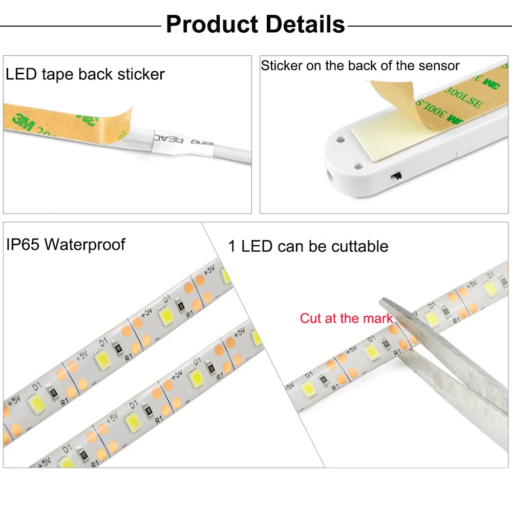 5V PIR Motion Sensor LED Strip Light 2835 wodoodporna kuchnia szafka LED taśma USB/zasilany z baterii lampka nocna do pokoju szafa