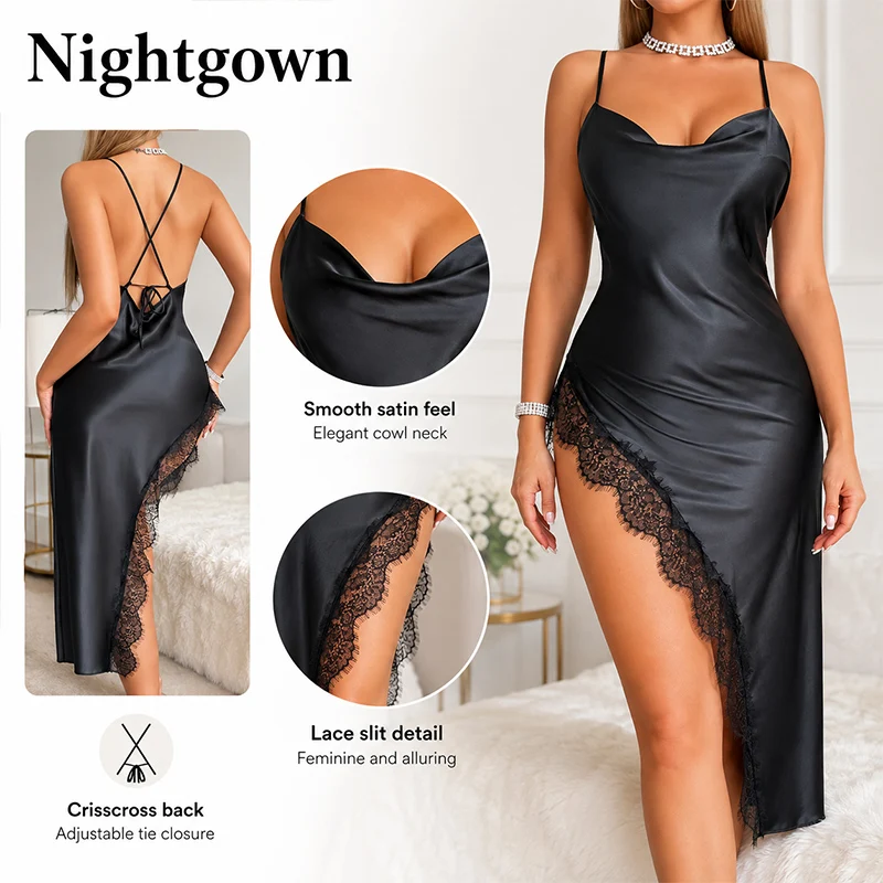 Women Satin Slip Nightgown Spaghetti Strap Cowl Neck Lace Trim High Split Sexy Nightdress Home Party Sleep Dress
