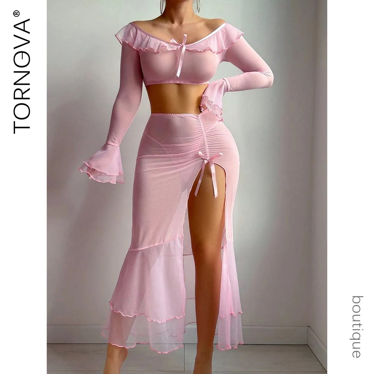 

Сексуальный костюм Tornova, сетчатый костюм с рюшами и разрезом, нижнее белье с рюшами, костюм на одно плечо, чистая распутная юбка на бедрах, сексуальный тонкий короткий топ, новый комплект
