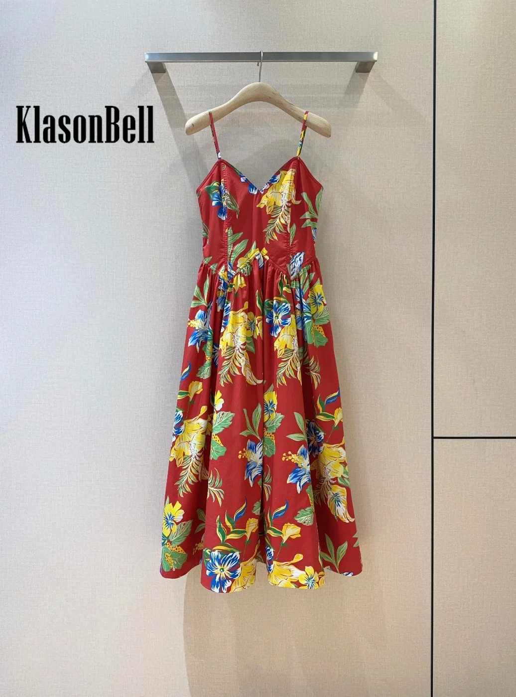 12.31 KlasonBell Fashion Holiday Beach Cotton Print Spaghetti Strap Dress Sexy V-Neck Backless Collect Waist Midi Dress Women